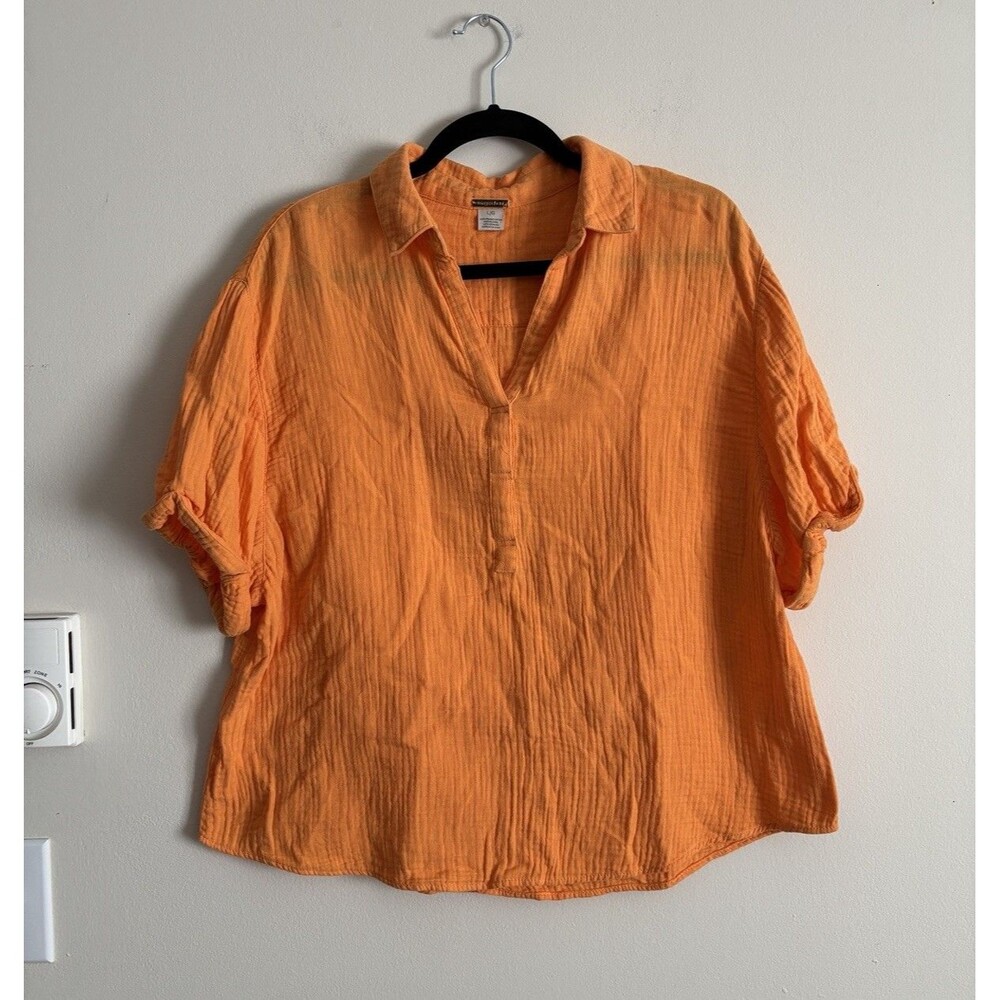 Magaschoni Womenâs Large Top Gauzy Cotton Orange Short Sleeveâ Preppy Coastal